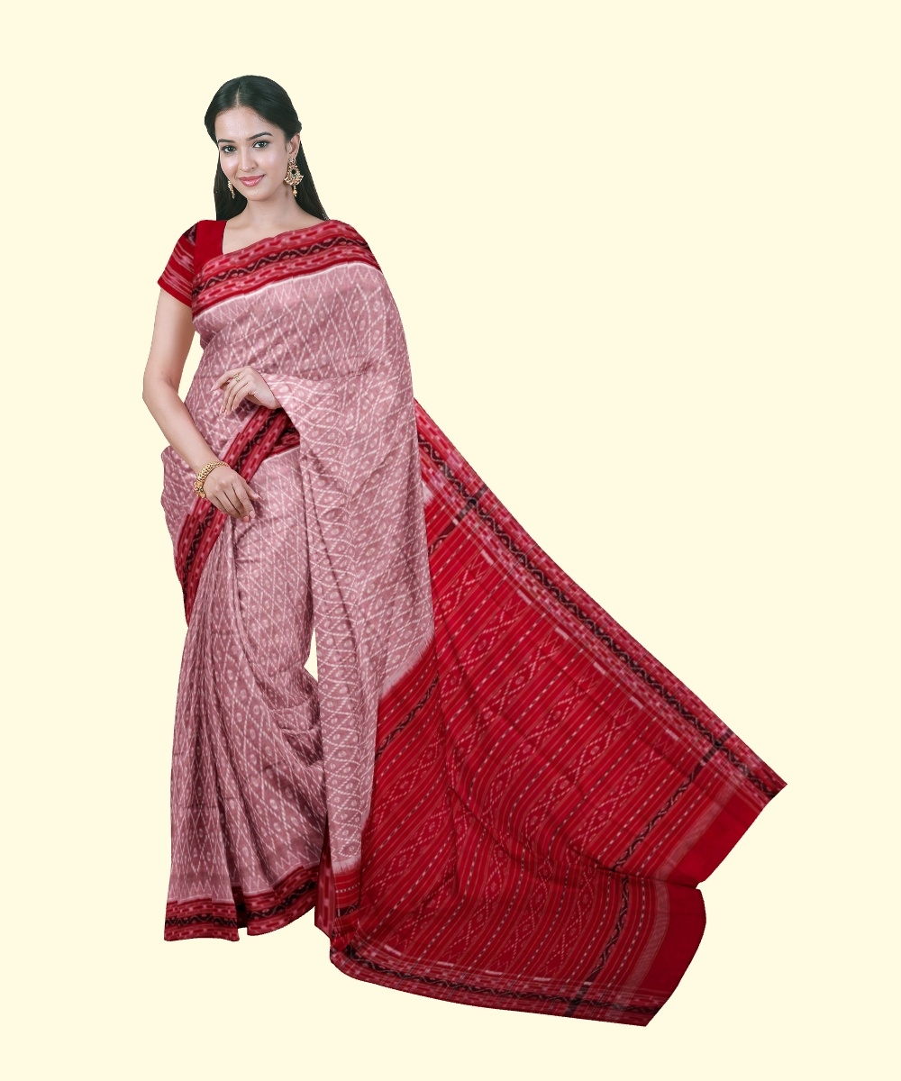 Gray Red Sambalpuri Handwoven Single Ikat Cotton Saree Image 1