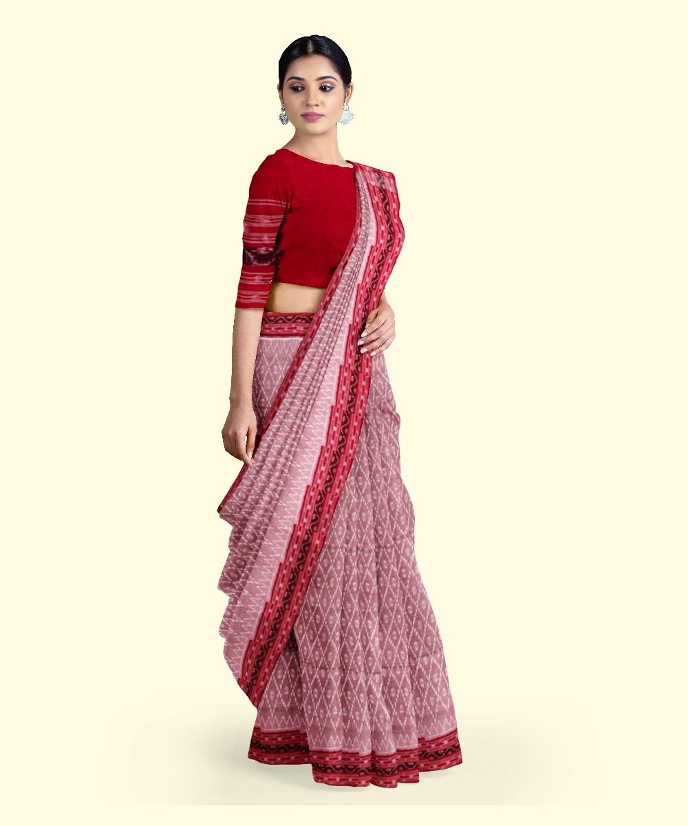 Gray Red Sambalpuri Handwoven Single Ikat Cotton Saree Image 2