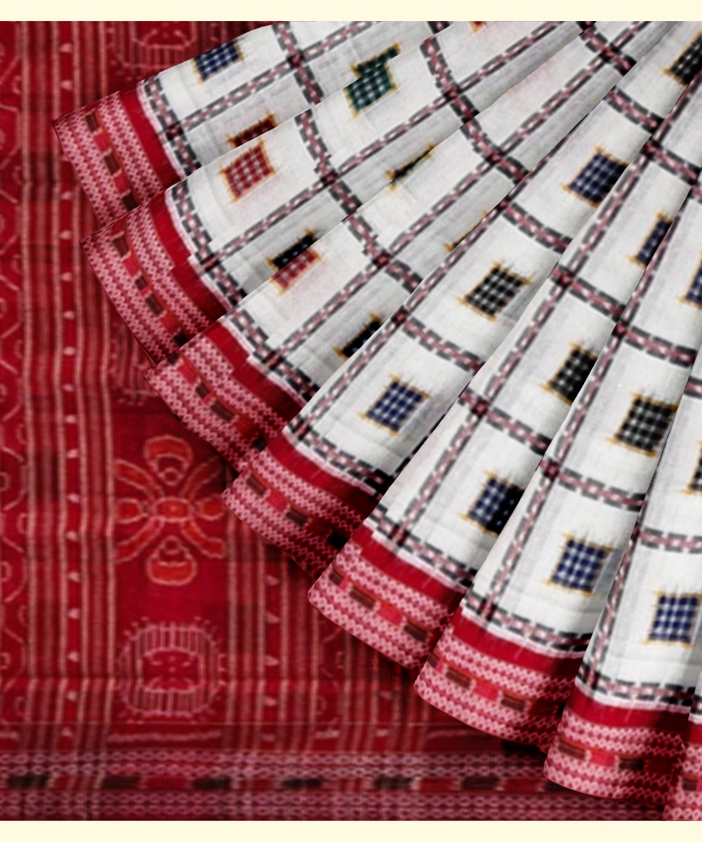 White Red Sambalpuri Handwoven Single Ikat Cotton Saree Image 3