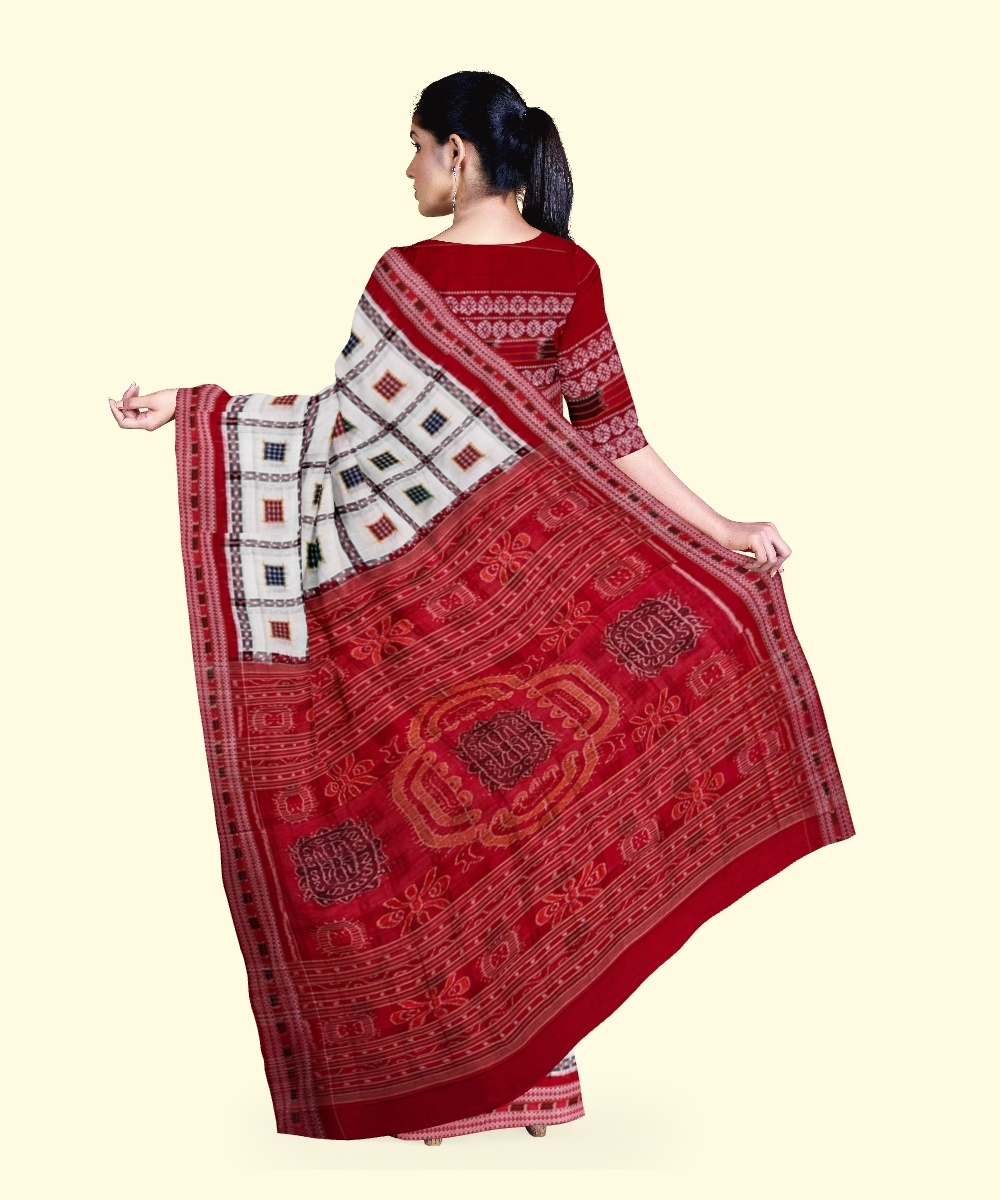 White Red Sambalpuri Handwoven Single Ikat Cotton Saree Image 4