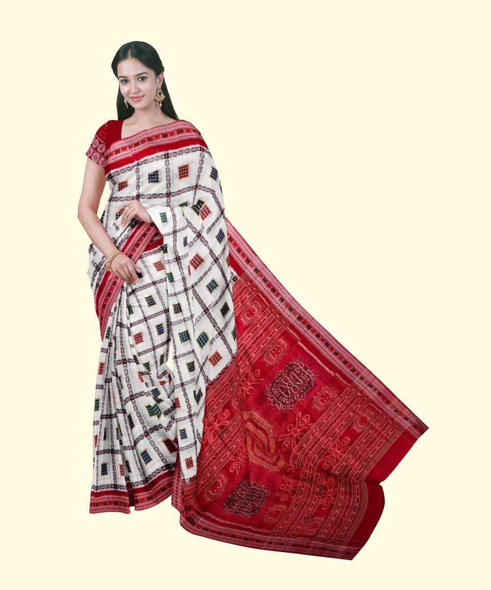White Red Sambalpuri Handwoven Single Ikat Cotton Saree Image 1