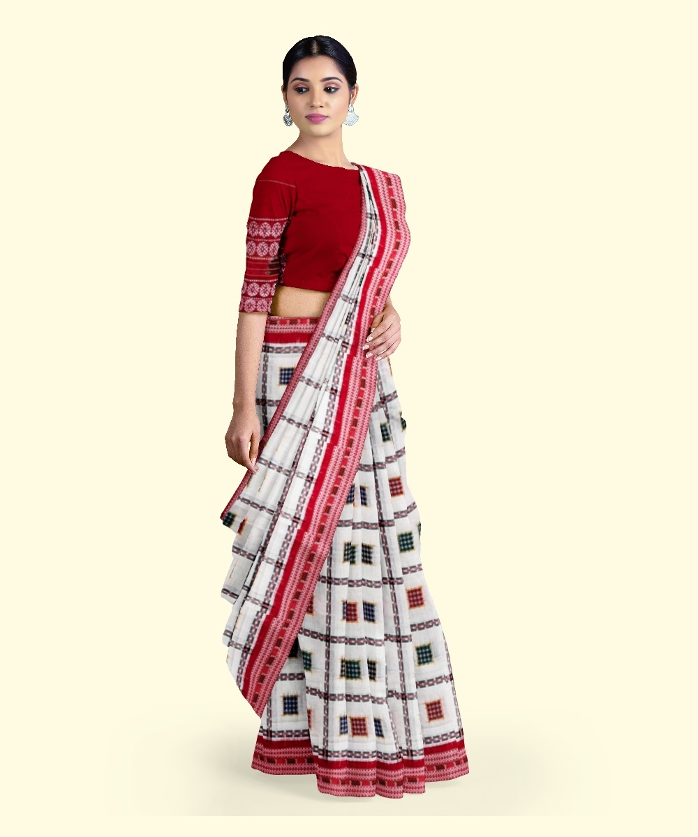 White Red Sambalpuri Handwoven Single Ikat Cotton Saree Image 2