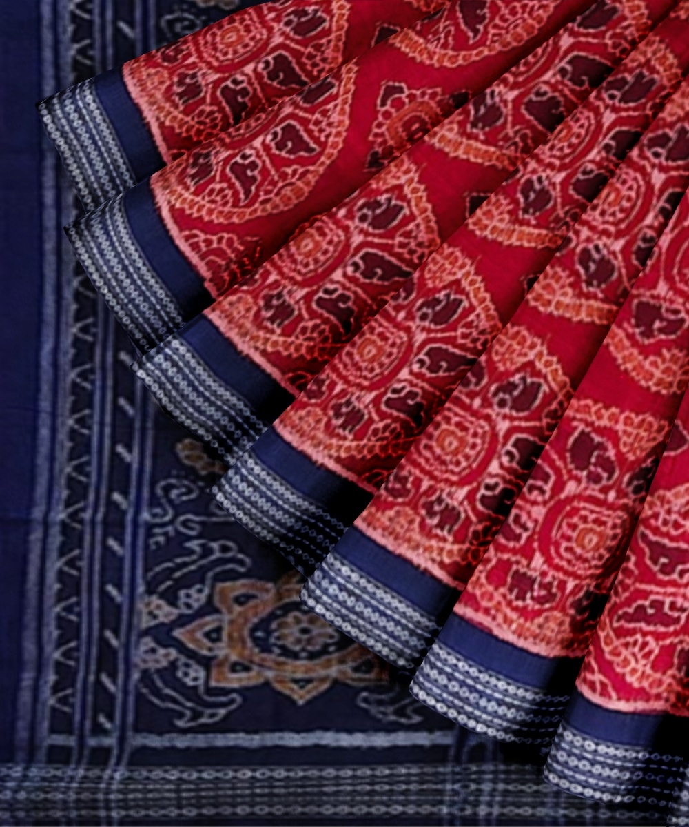 Red Blue Sambalpuri Handwoven Single Ikat Cotton Saree Image 3