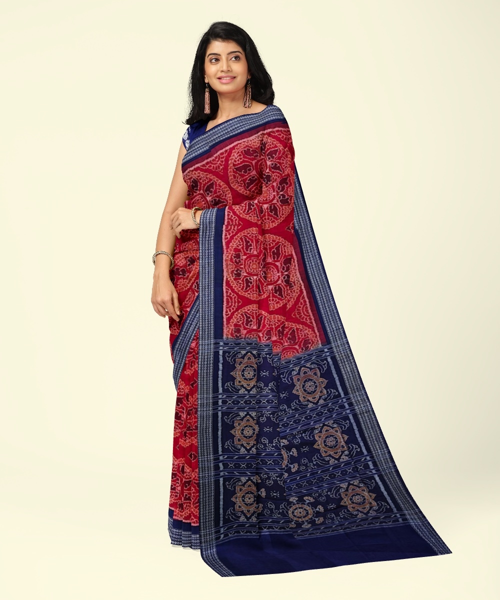Red Blue Sambalpuri Handwoven Single Ikat Cotton Saree Image 2