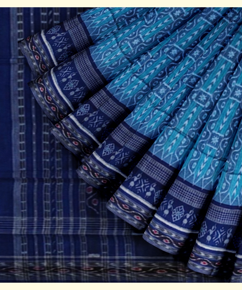 Blue Sambalpuri Handwoven Single Ikat Cotton Saree Image 3