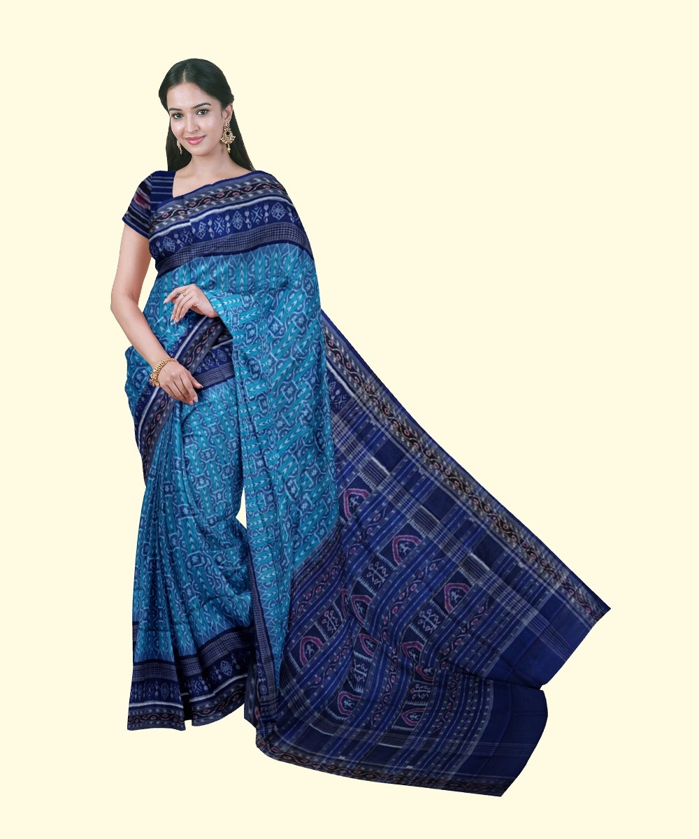 Blue Sambalpuri Handwoven Single Ikat Cotton Saree Image 1