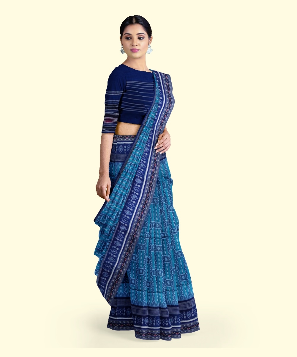 Blue Sambalpuri Handwoven Single Ikat Cotton Saree Image 2