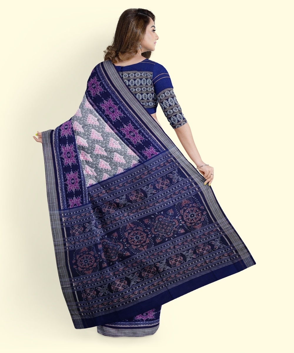 Gray Blue Sambalpuri Handwoven Single Ikat Cotton Saree Image 3