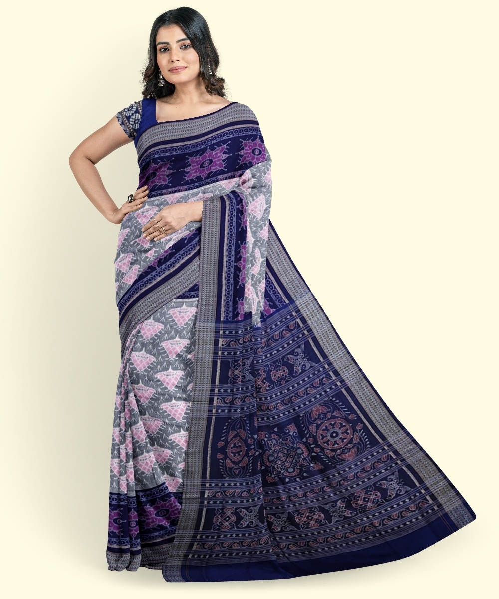 Gray Blue Sambalpuri Handwoven Single Ikat Cotton Saree Image 1