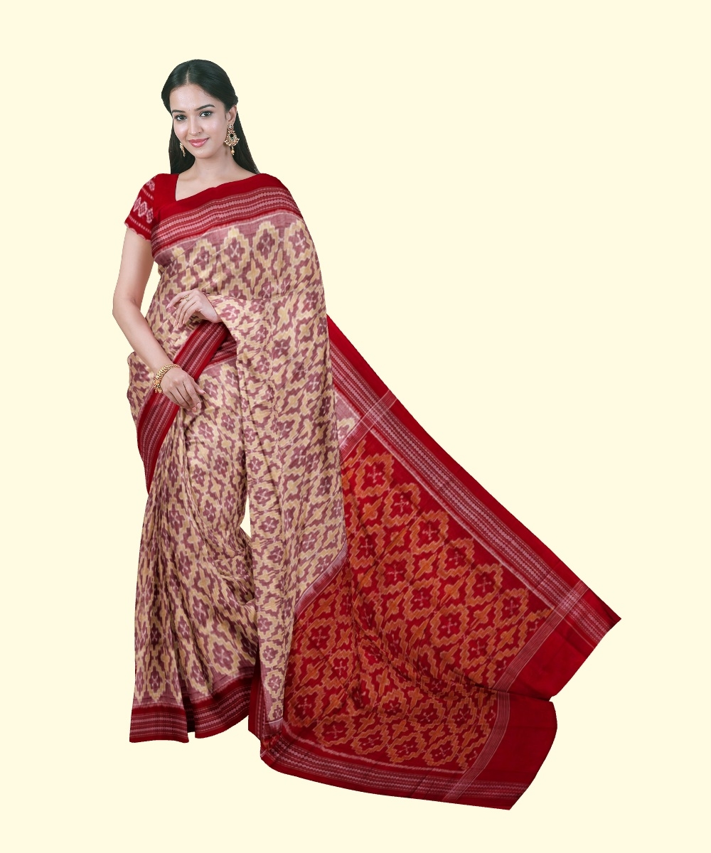 Red Sambalpuri Handwoven Single Ikat Cotton Saree Image 1