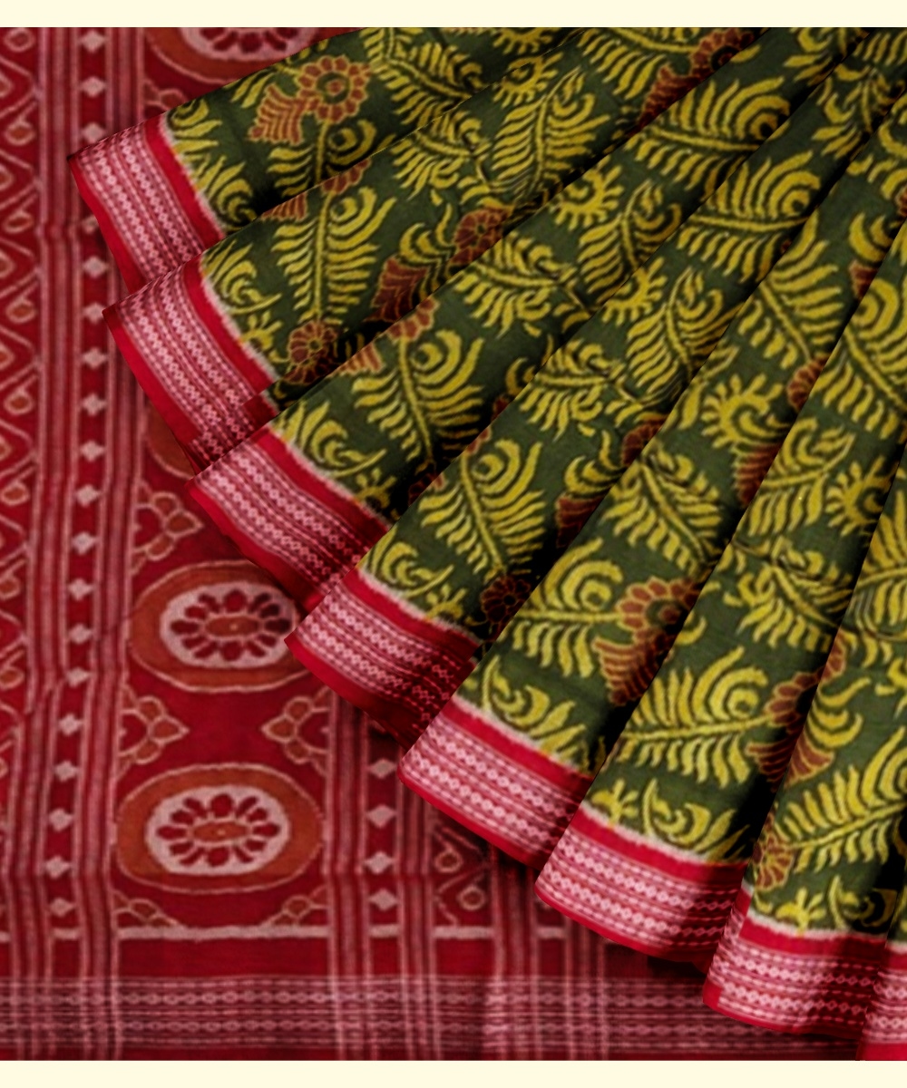Olive Sambalpuri Handwoven Single Ikat Cotton Saree Image 3