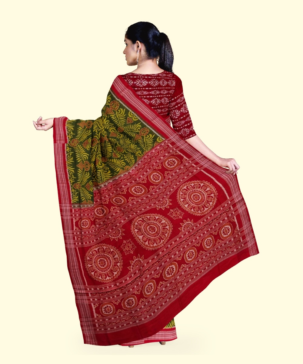 Olive Sambalpuri Handwoven Single Ikat Cotton Saree Image 4