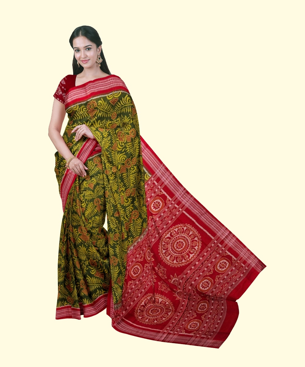 Olive Sambalpuri Handwoven Single Ikat Cotton Saree Image 1