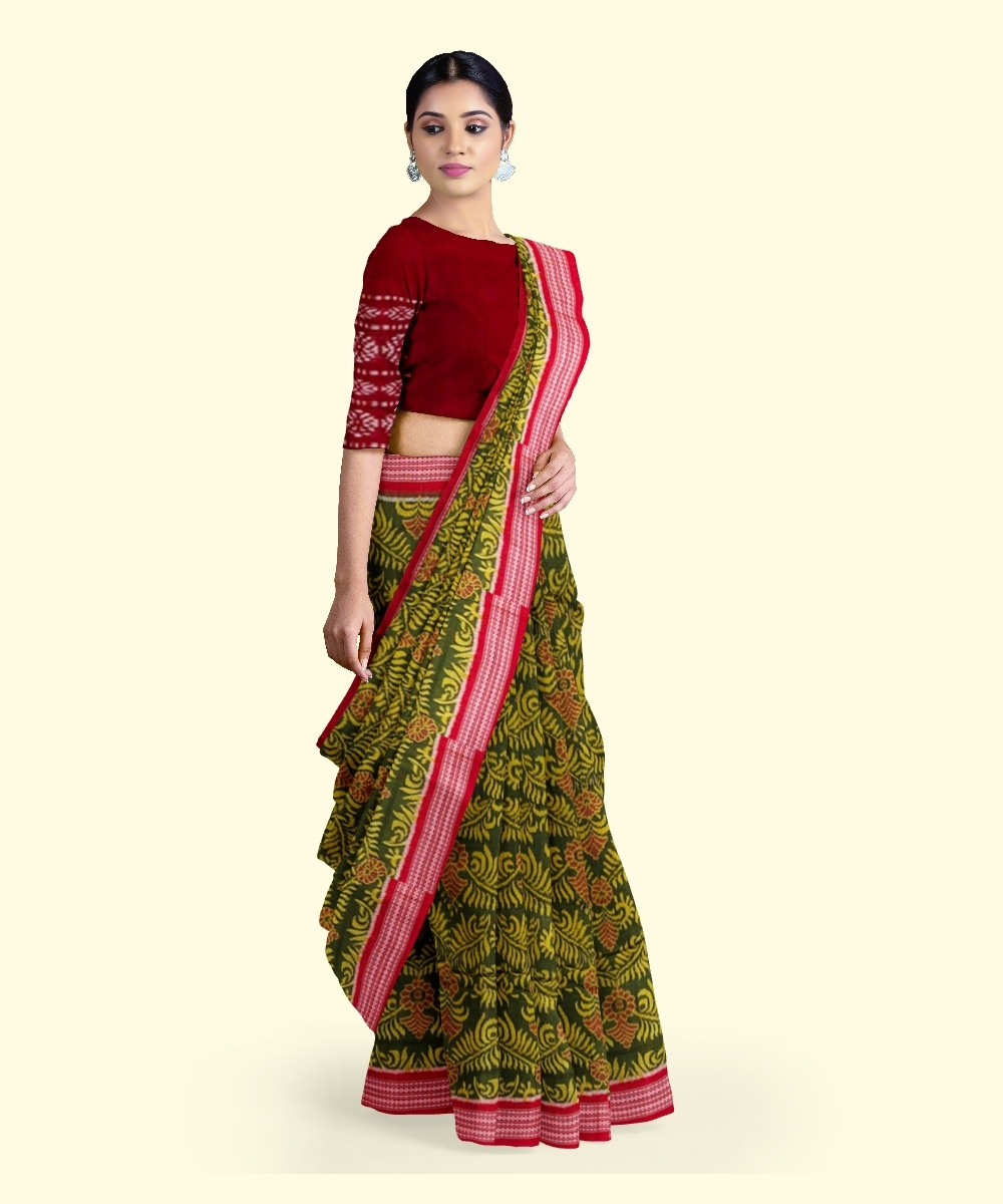 Olive Sambalpuri Handwoven Single Ikat Cotton Saree Image 2