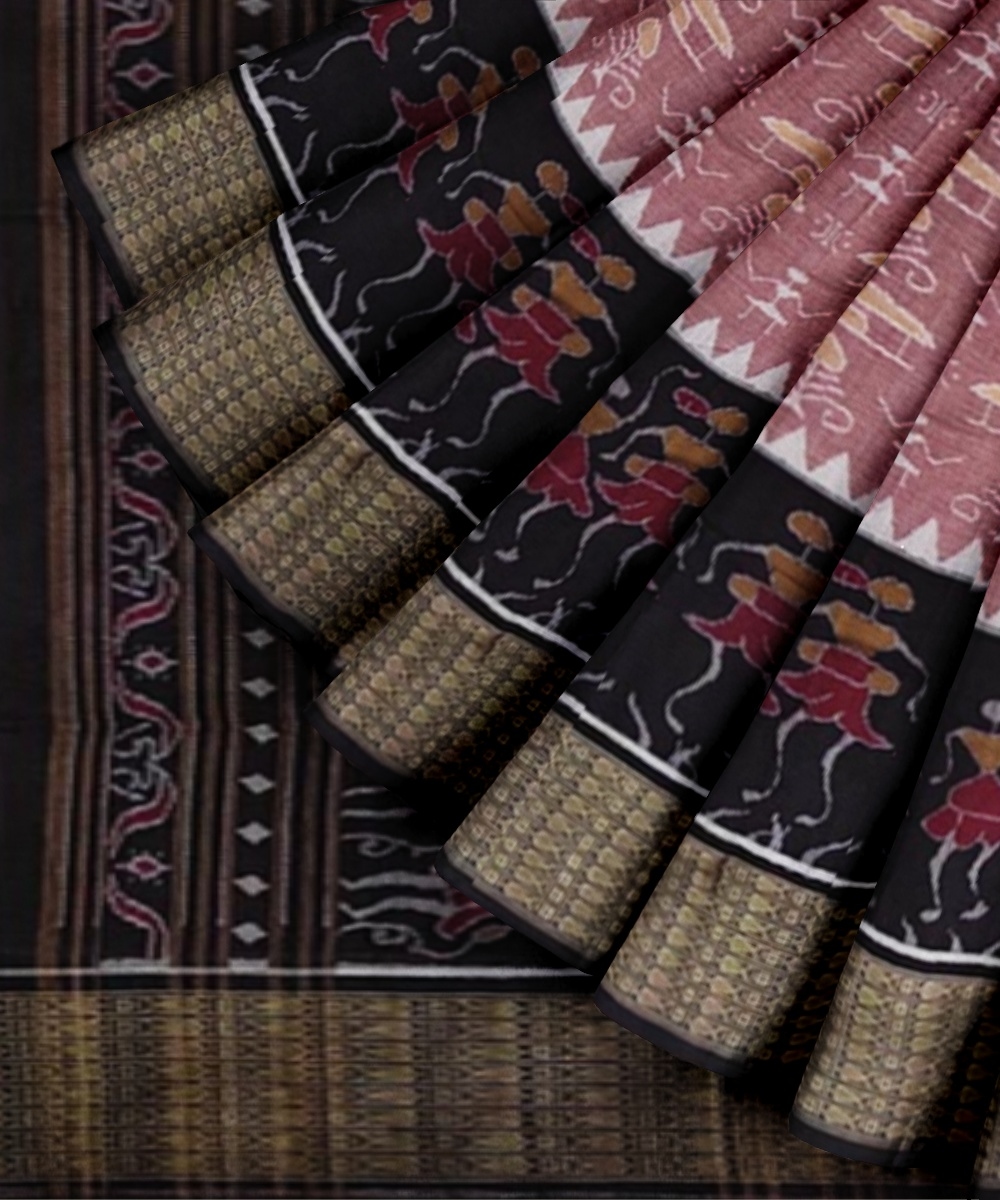Pink Coffee Sambalpuri Handwoven Single Ikat Cotton Saree Image 3
