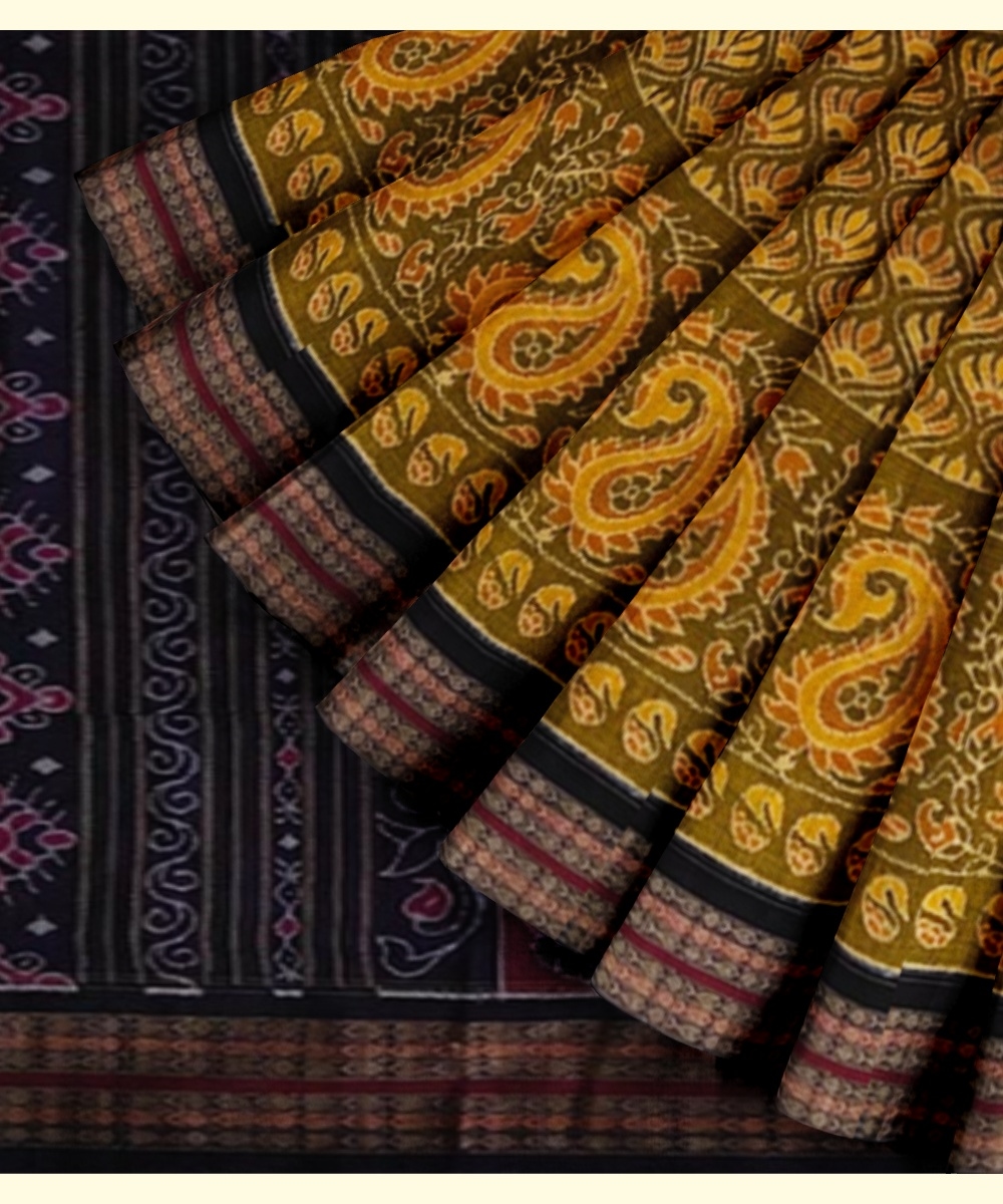 Yellow Black Sambalpuri Handwoven Single Ikat Cotton Saree Image 3