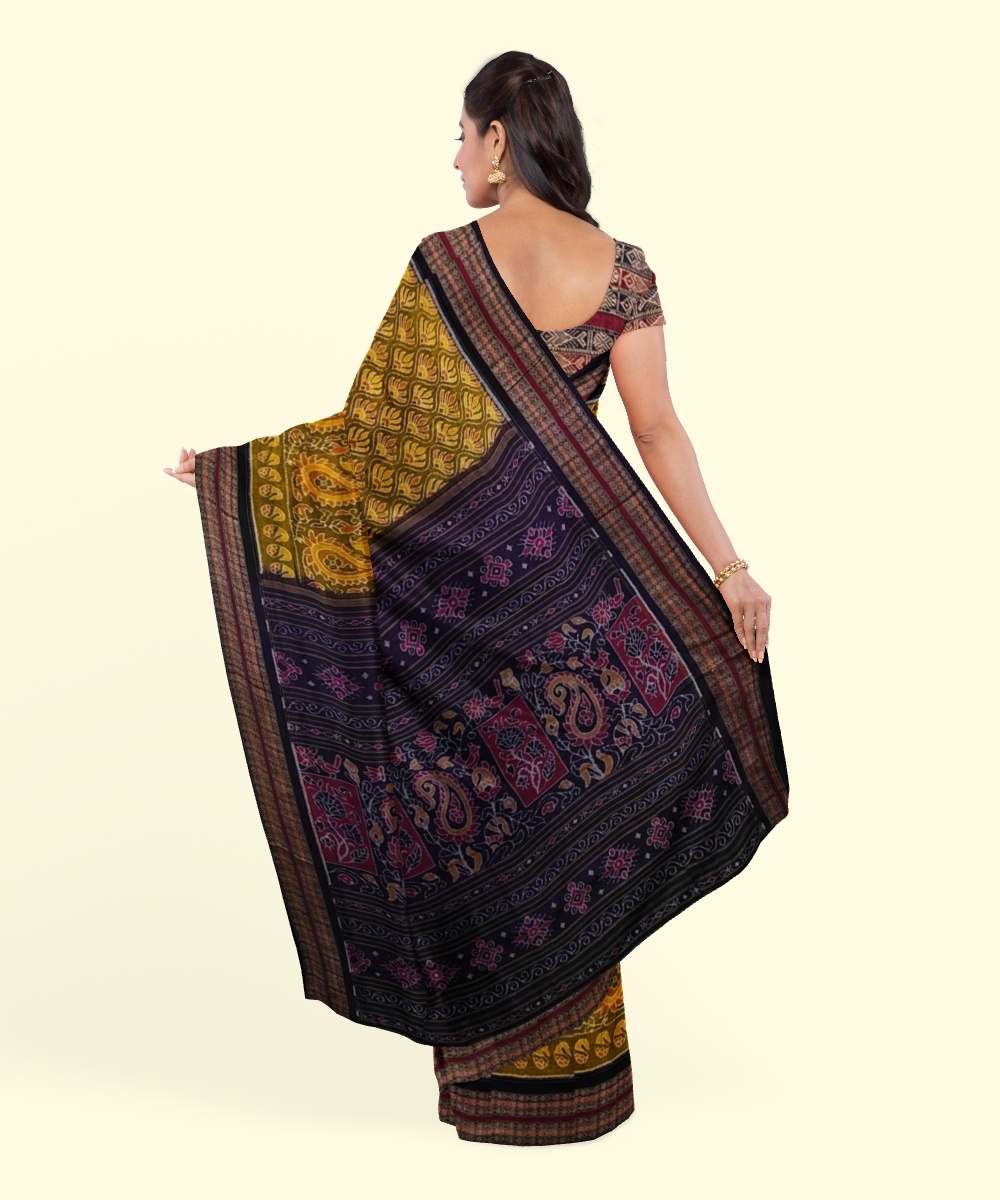 Yellow Black Sambalpuri Handwoven Single Ikat Cotton Saree Image 4