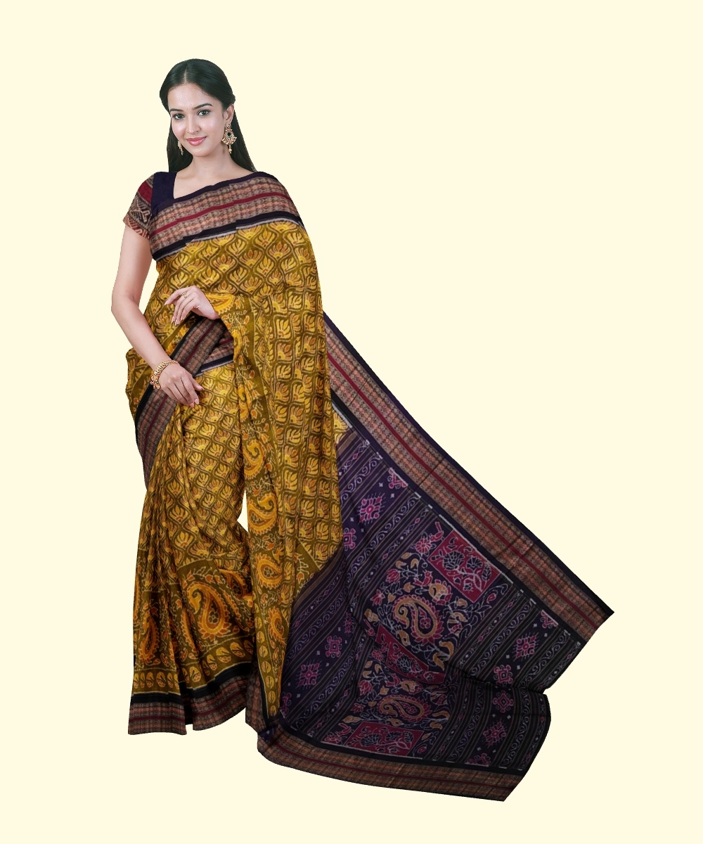Yellow Black Sambalpuri Handwoven Single Ikat Cotton Saree Image 1