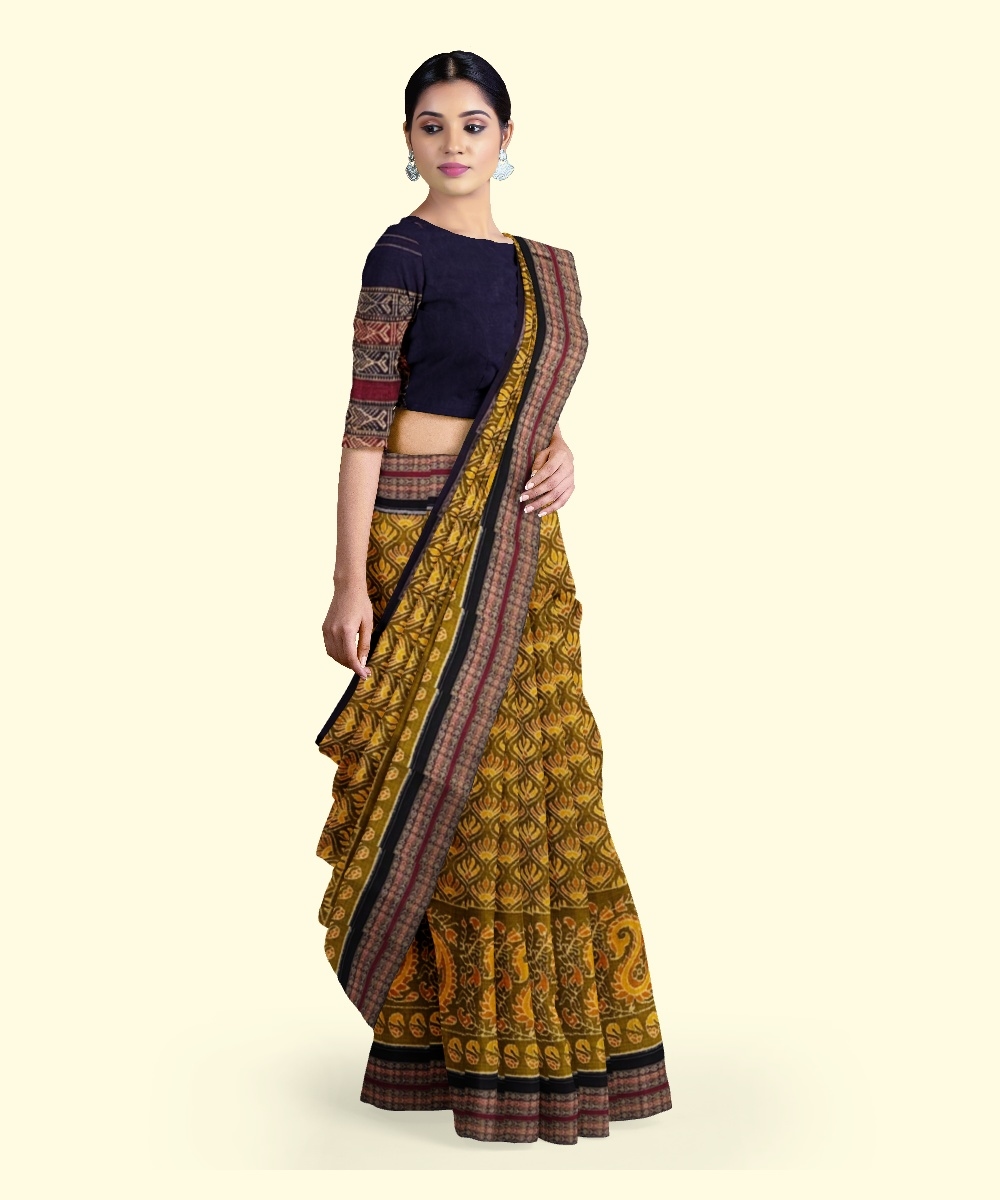 Yellow Black Sambalpuri Handwoven Single Ikat Cotton Saree Image 2