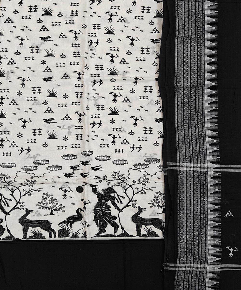 White Black Sambalpuri Handwoven Double Ikat Suit Image 2