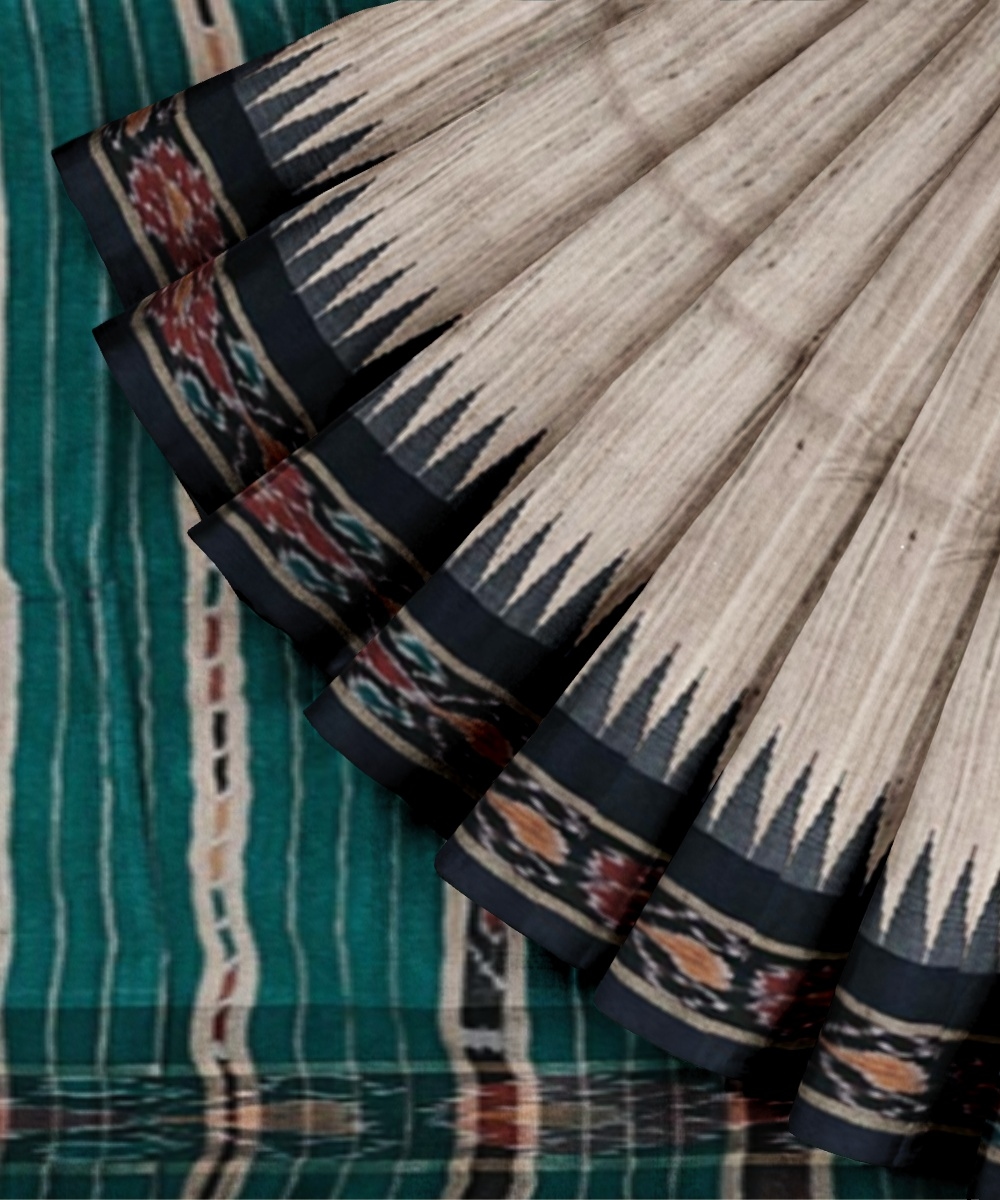Beige Sambalpuri Handwoven Ikat Border Tussar Silk Saree Image 4