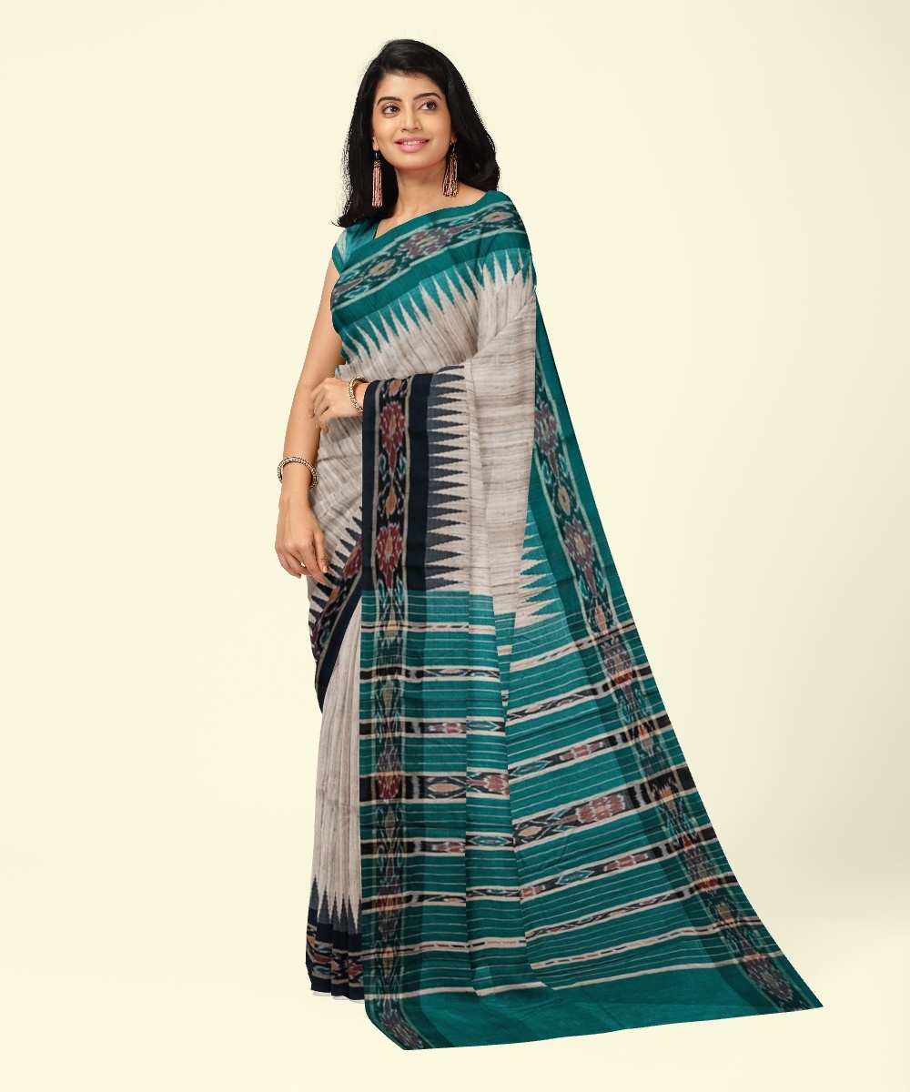 Beige Sambalpuri Handwoven Ikat Border Tussar Silk Saree Image 1