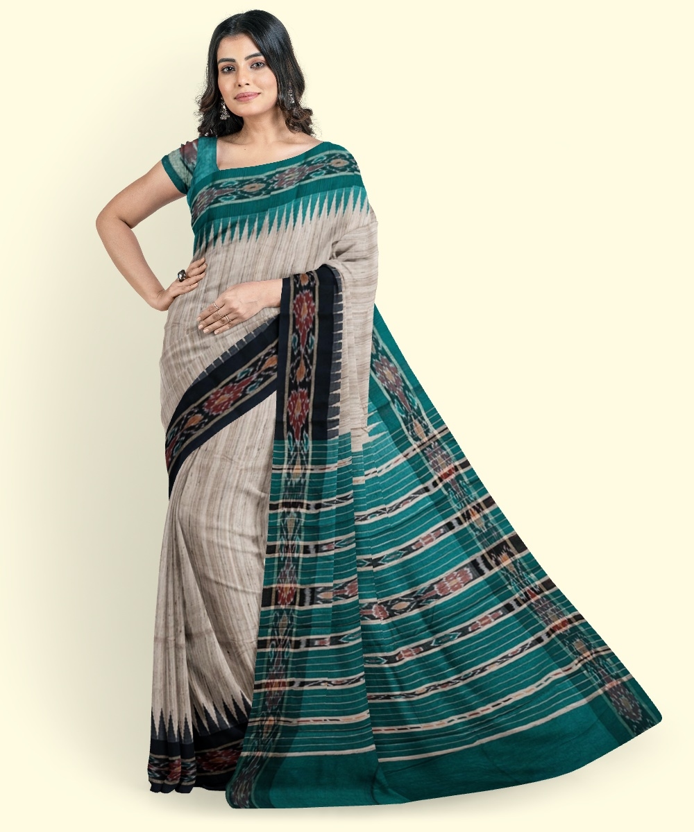 Beige Sambalpuri Handwoven Ikat Border Tussar Silk Saree Image 3