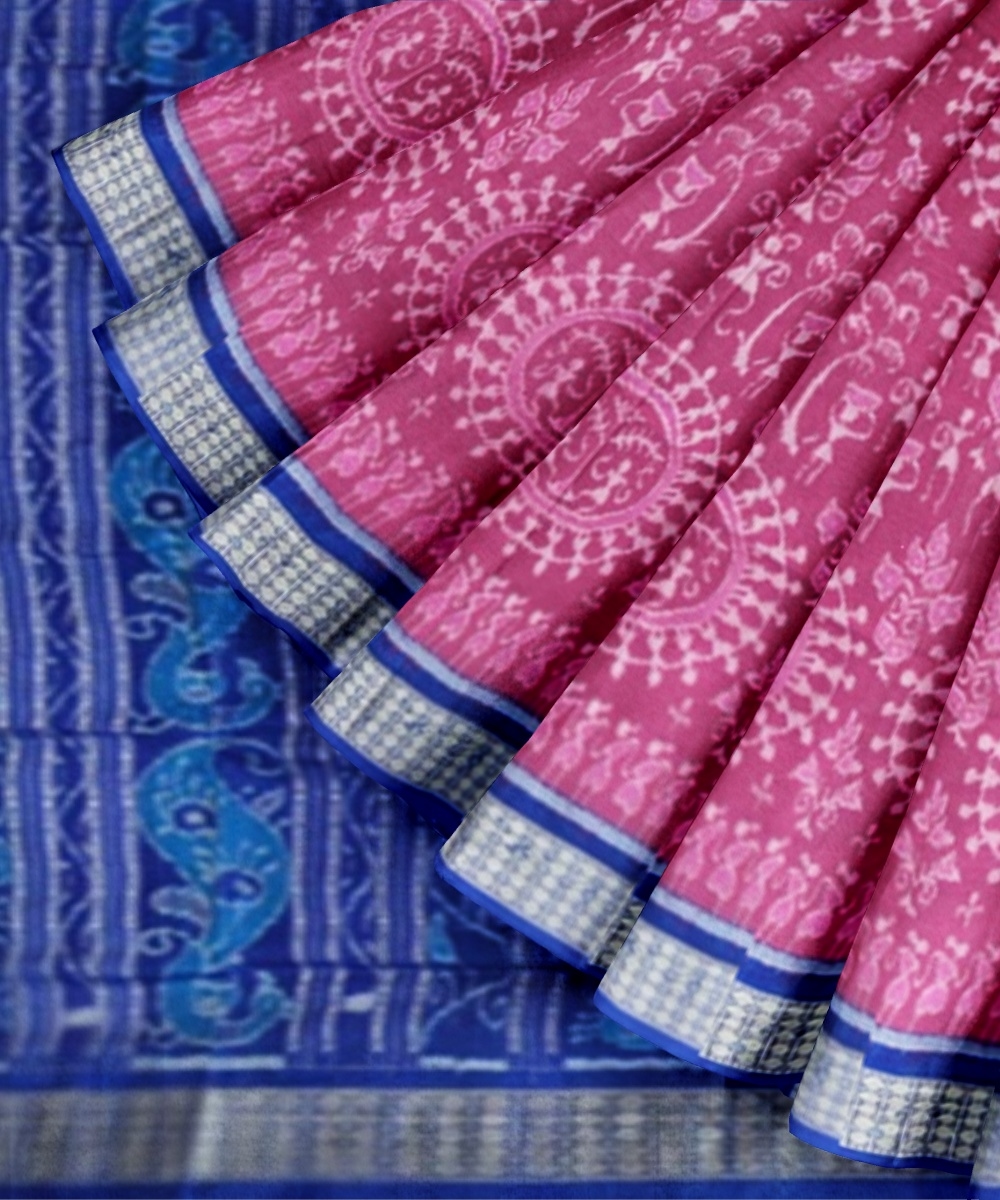 Pink Blue Sambalpuri Handwoven Ikat Silk Saree Image 3