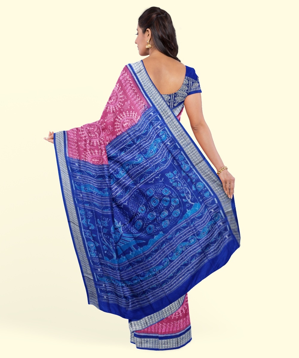 Pink Blue Sambalpuri Handwoven Ikat Silk Saree Image 2
