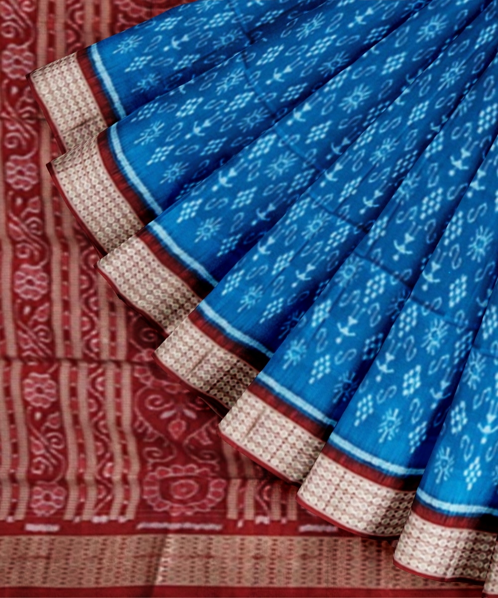 Blue Red Sambalpuri Handwoven Ikat Silk Saree Image 3