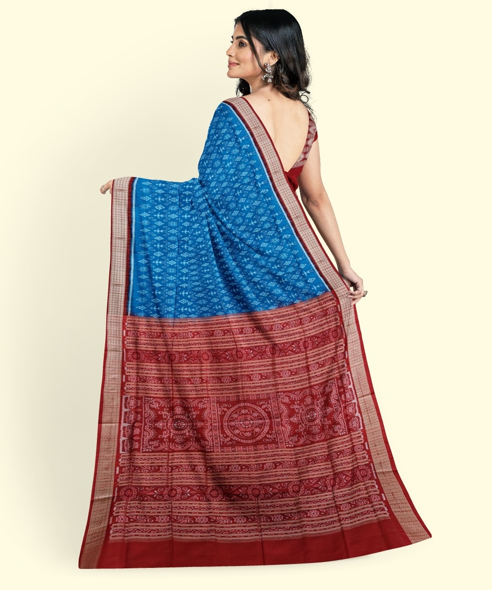Blue Red Sambalpuri Handwoven Ikat Silk Saree Image 4