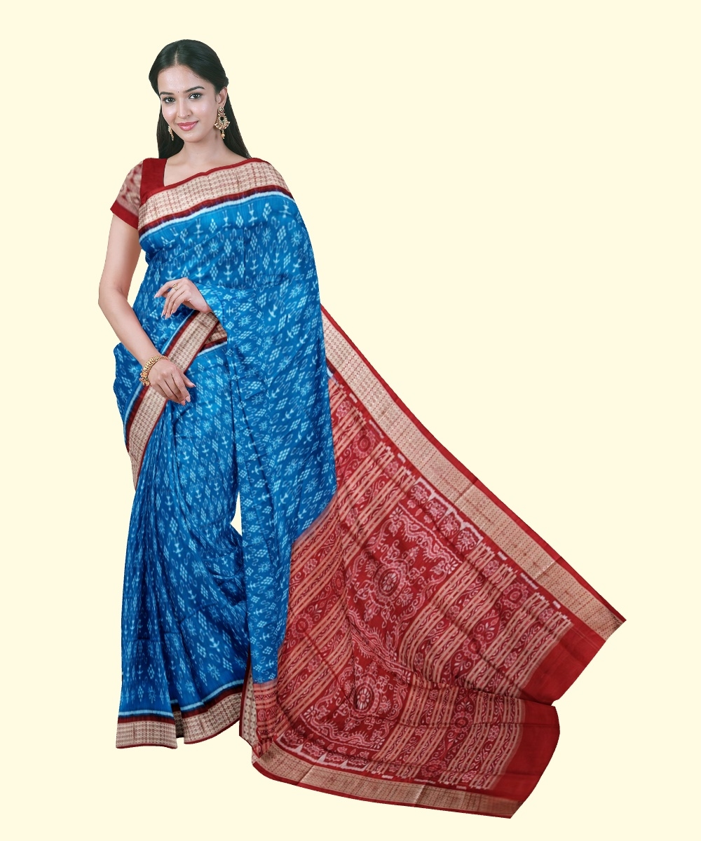 Blue Red Sambalpuri Handwoven Ikat Silk Saree Image 1