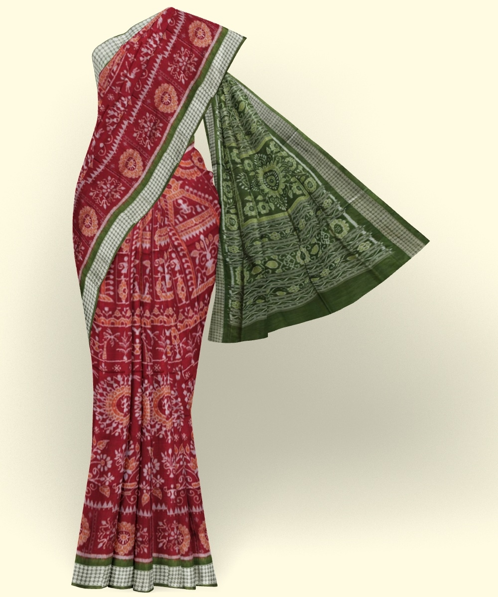 Maroon Green Sambalpuri Handwoven Ikat Silk Saree Image 3