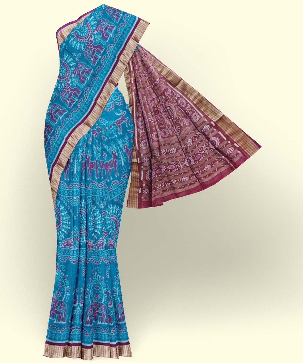 Blue Red Sambalpuri Handwoven Ikat Silk Saree Image 4