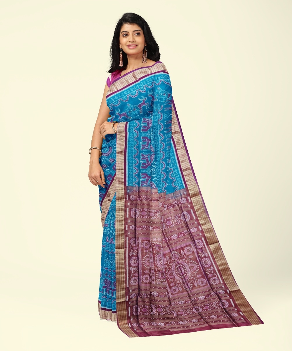 Blue Red Sambalpuri Handwoven Ikat Silk Saree Image 1
