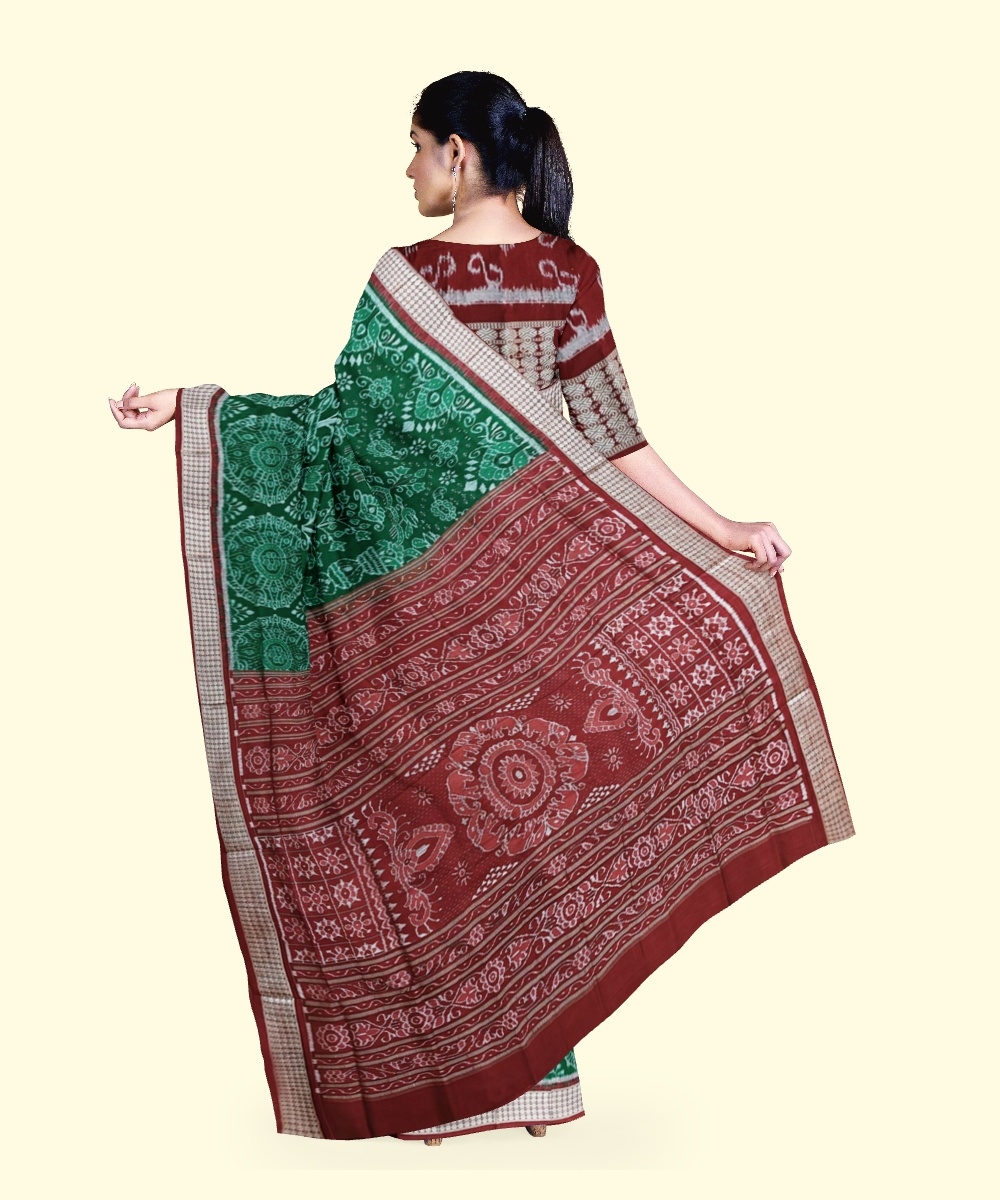Green Red Sambalpuri Handwoven Ikat Silk Saree Image 4