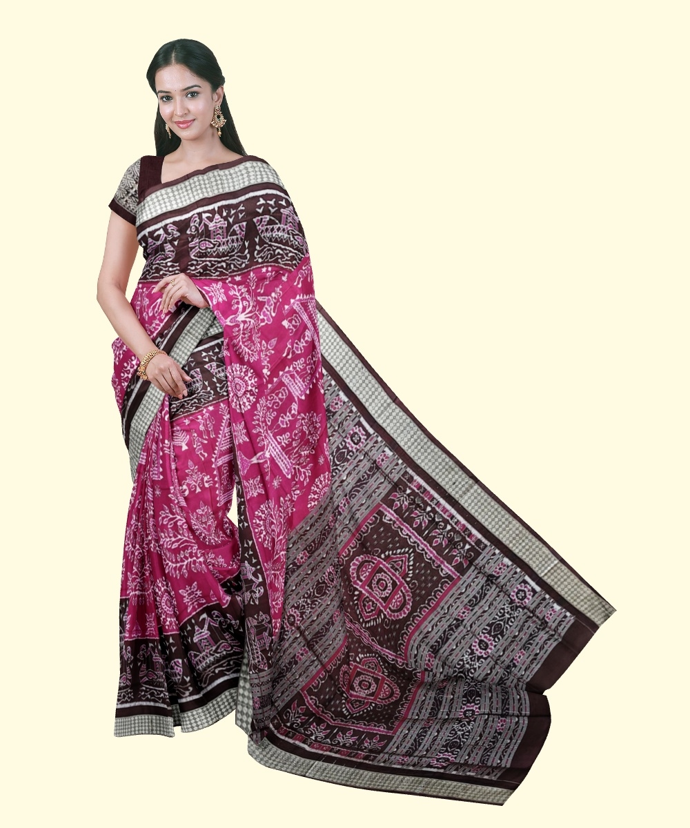 Pink Coffee Sambalpuri Handwoven Ikat Silk Saree Image 1