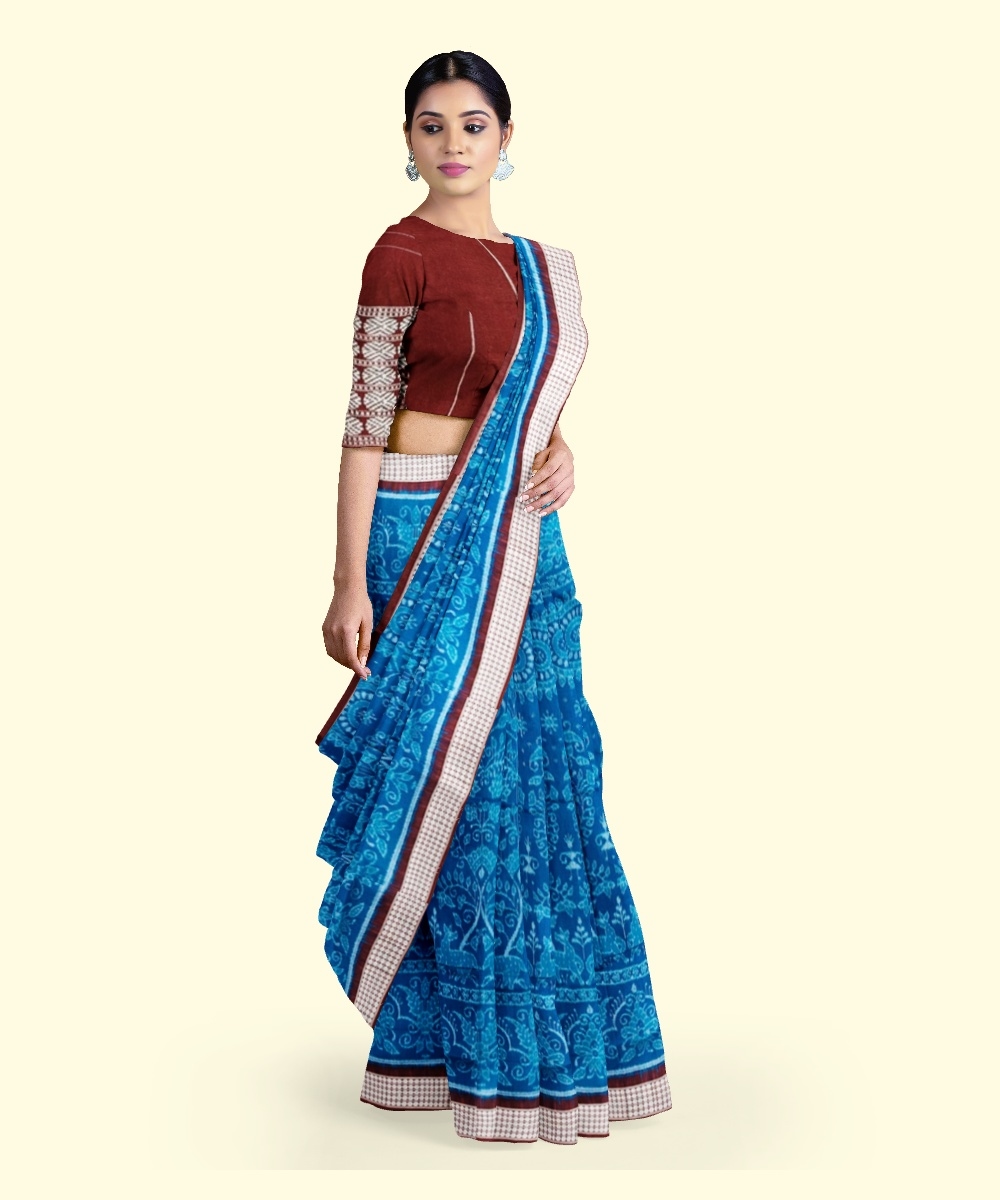Blue Red Sambalpuri Handwoven Ikat Silk Saree Image 4