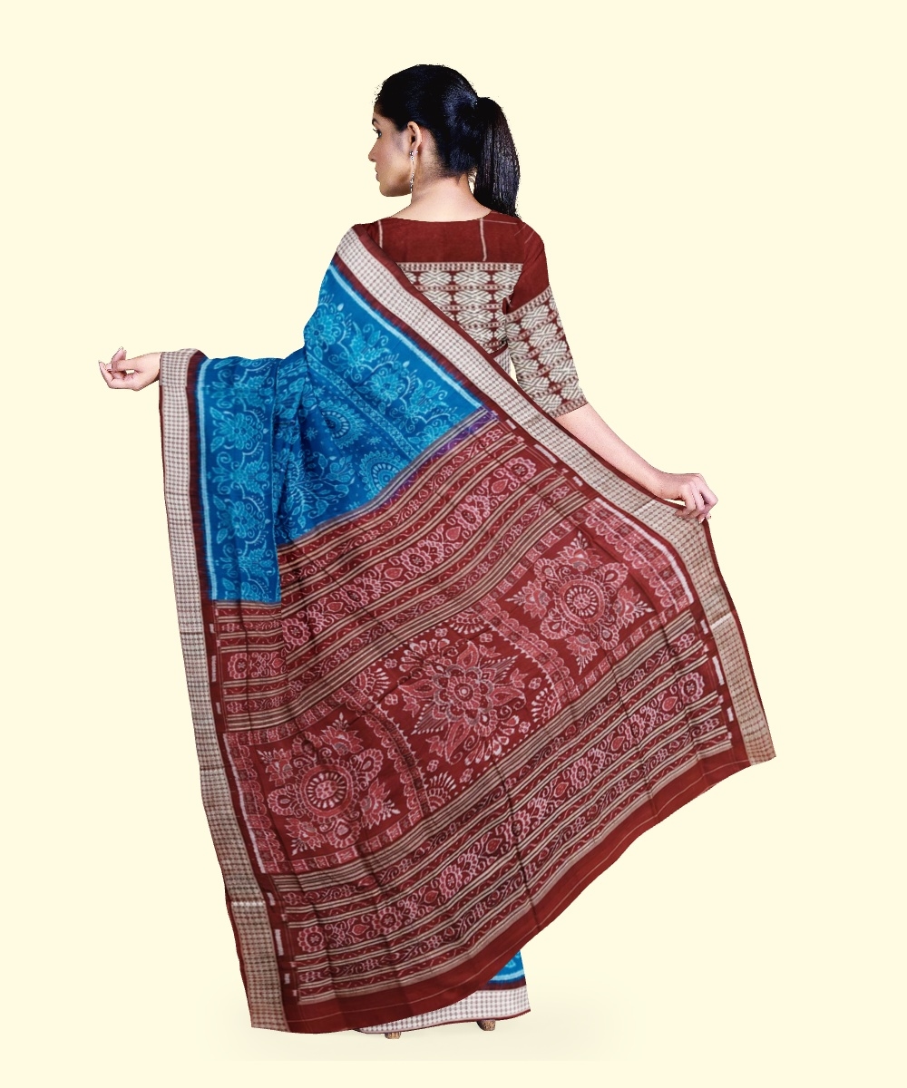Blue Red Sambalpuri Handwoven Ikat Silk Saree Image 2