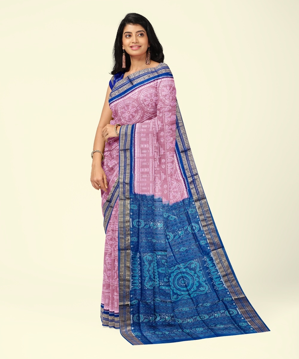 Pink Blue Sambalpuri Handwoven Ikat Silk Saree Image 2