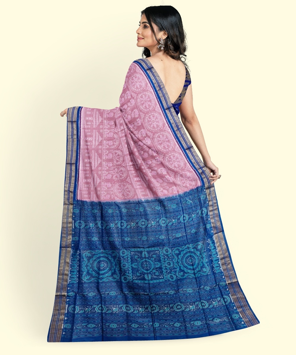Pink Blue Sambalpuri Handwoven Ikat Silk Saree Image 3