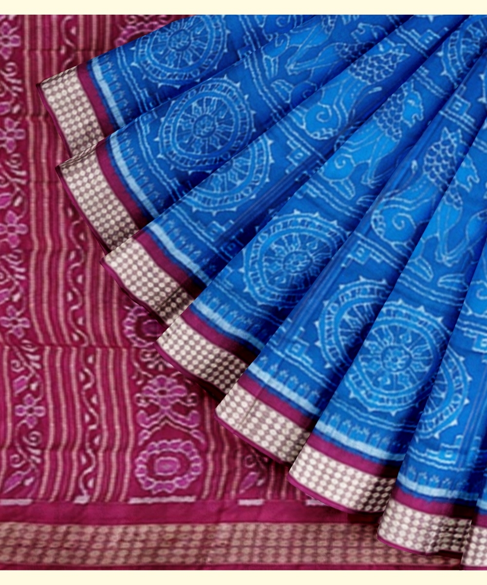 Blue Red Sambalpuri Handwoven Ikat Silk Saree Image 3