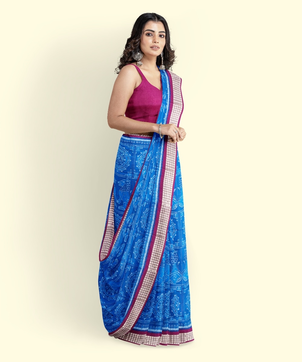 Blue Red Sambalpuri Handwoven Ikat Silk Saree Image 2