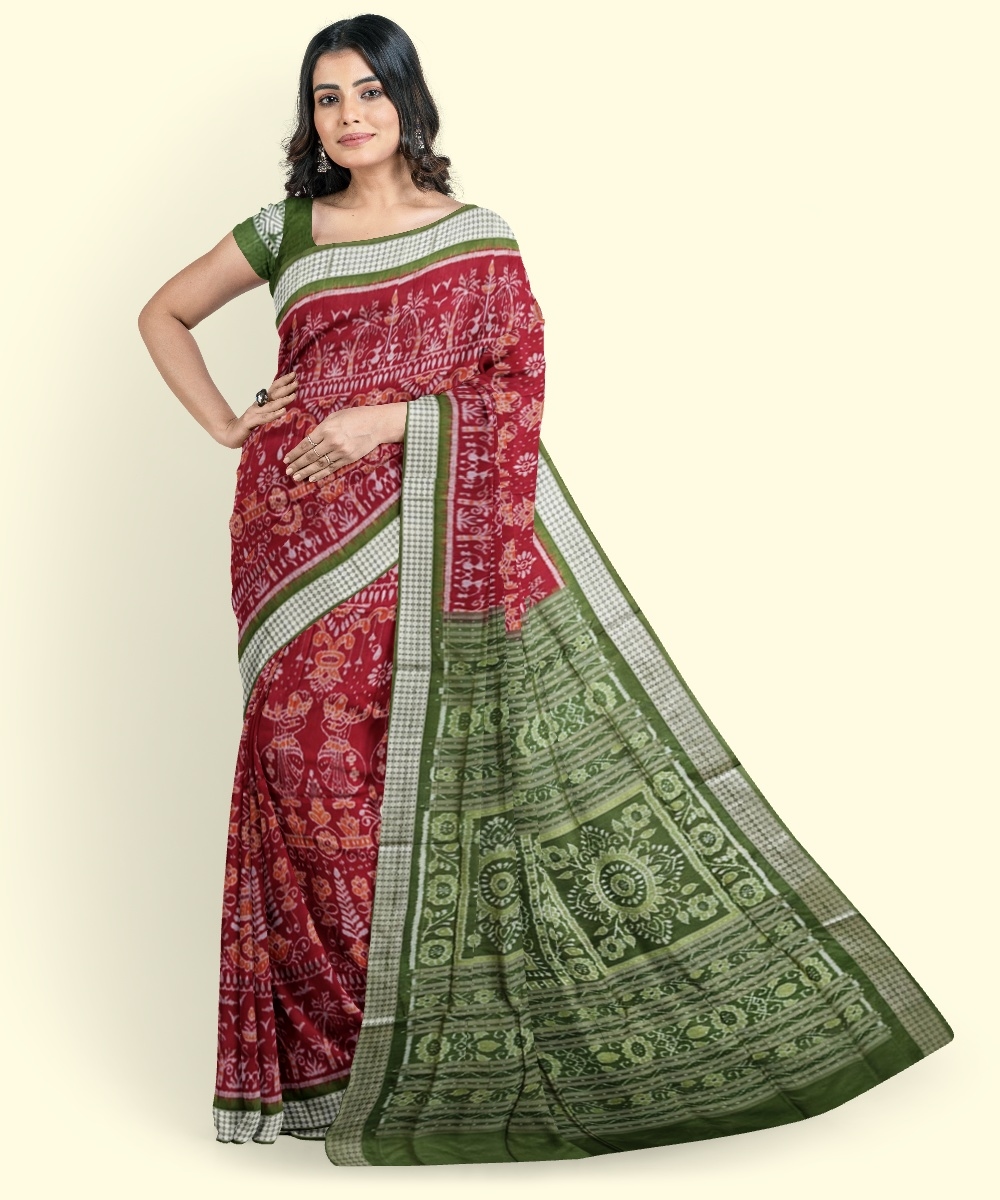 Red Green Sambalpuri Handwoven Ikat Silk Saree Image 4