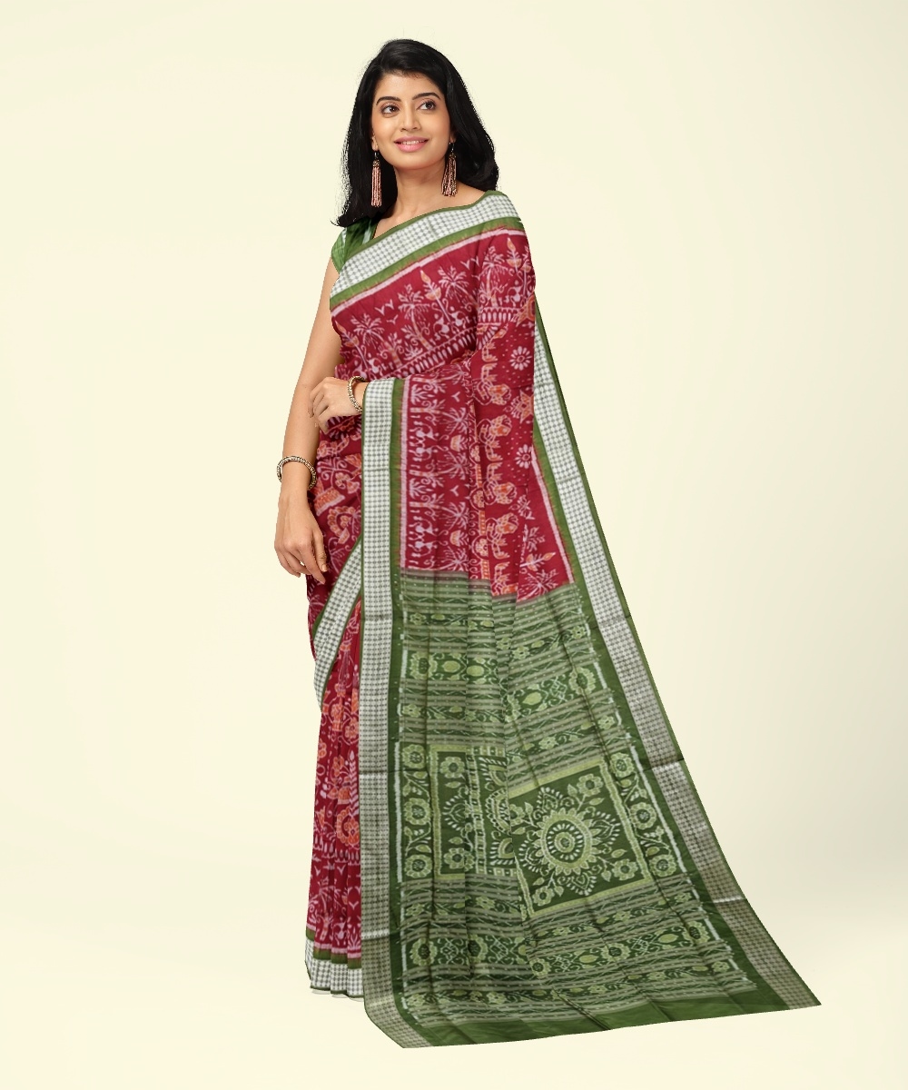 Red Green Sambalpuri Handwoven Ikat Silk Saree Image 1