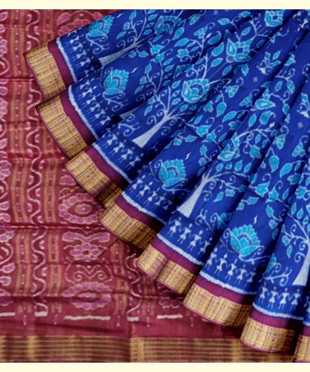Blue Red Sambalpuri Handwoven Ikat Silk Saree Image 2