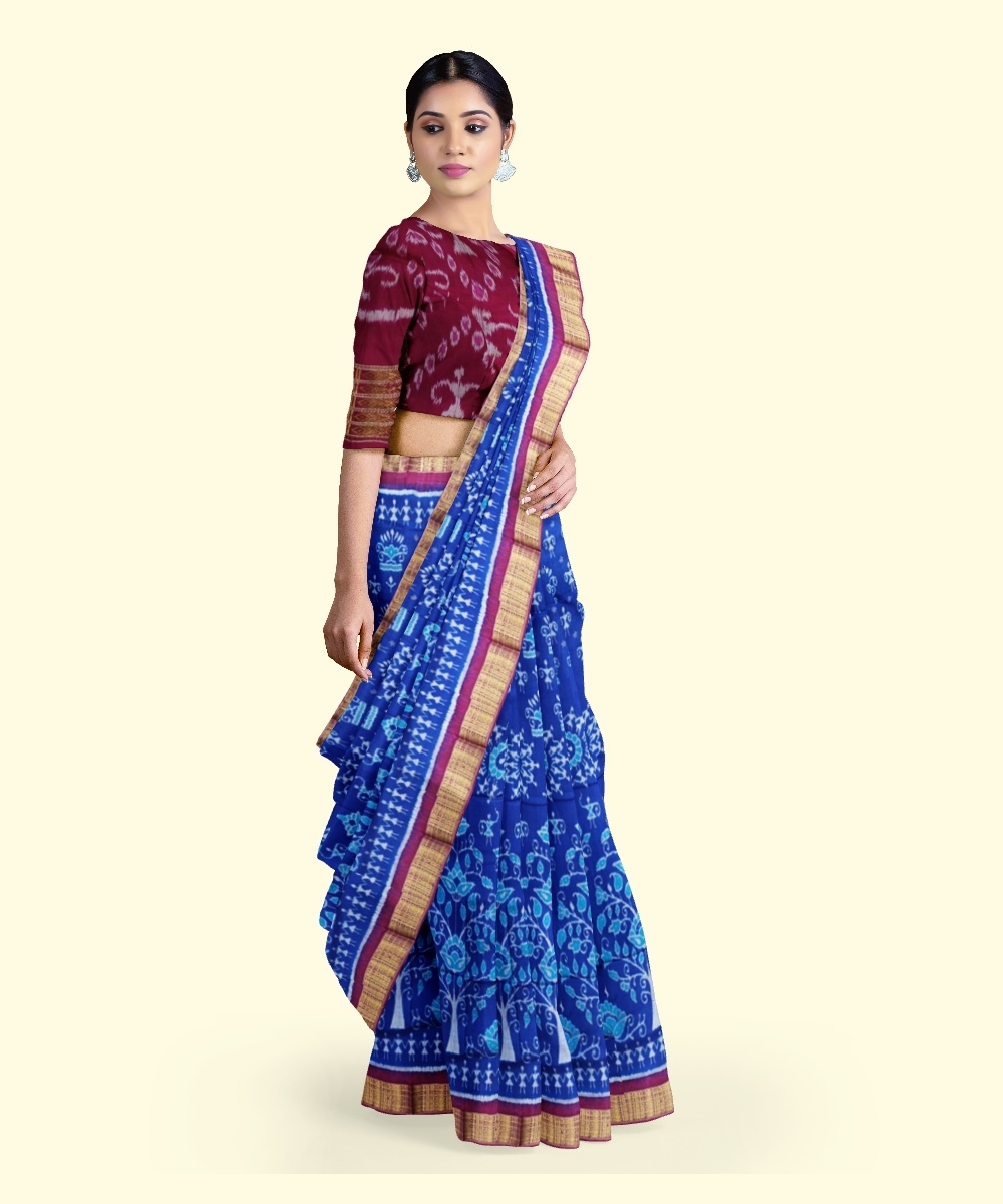 Blue Red Sambalpuri Handwoven Ikat Silk Saree Image 4