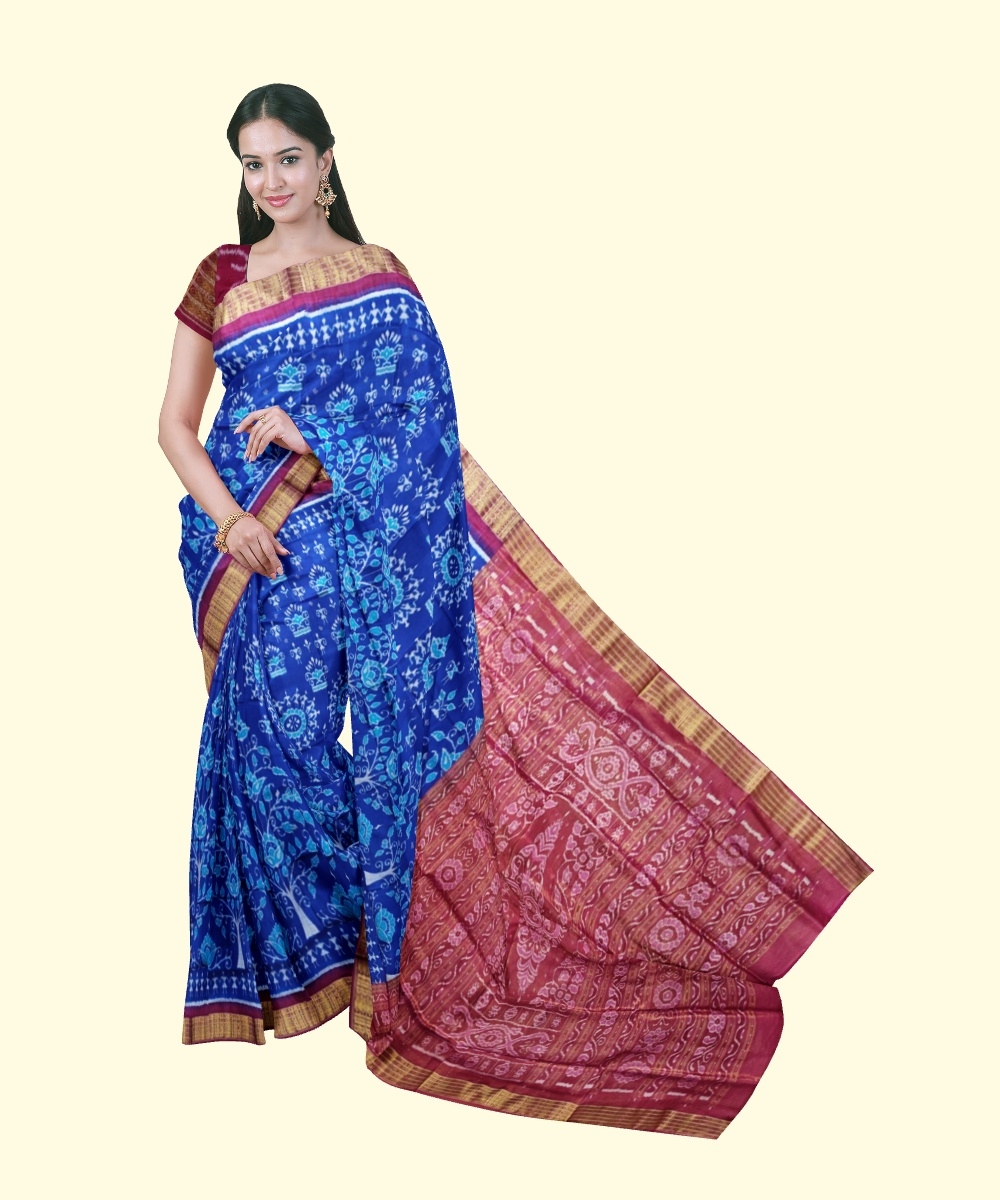 Blue Red Sambalpuri Handwoven Ikat Silk Saree Image 1