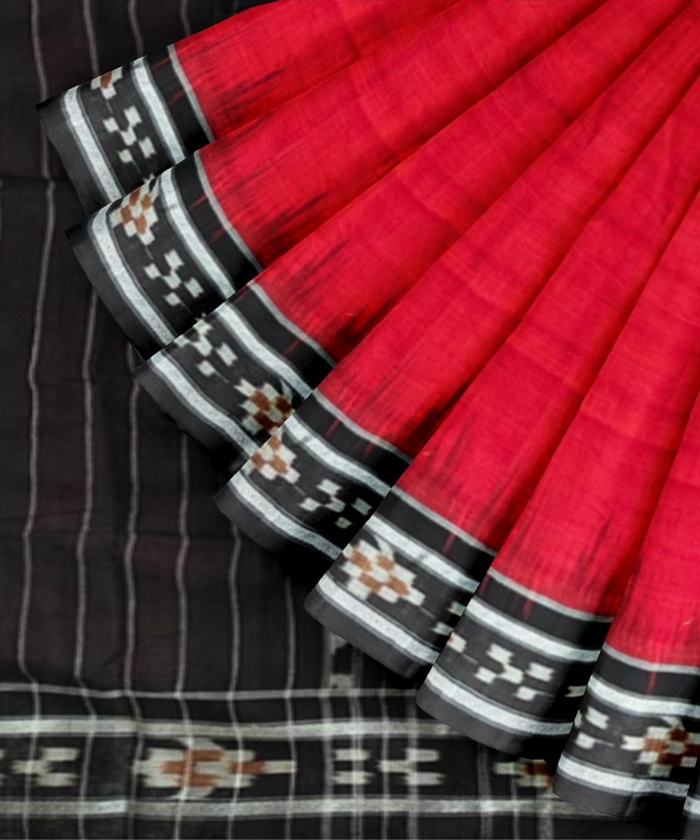Red Black Sambalpuri Handwoven Single Ikat Cotton Saree Image 2