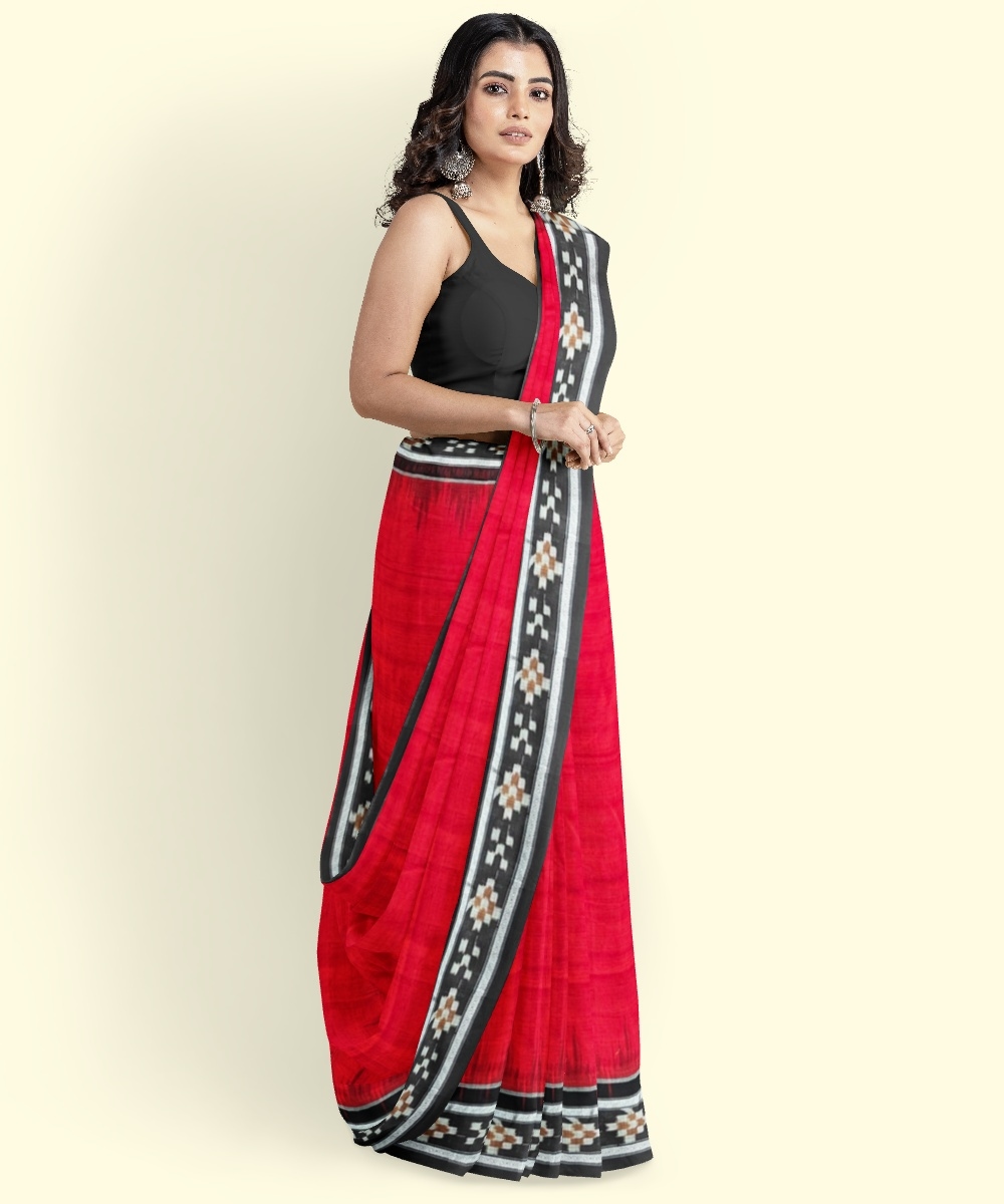 Red Black Sambalpuri Handwoven Single Ikat Cotton Saree Image 3